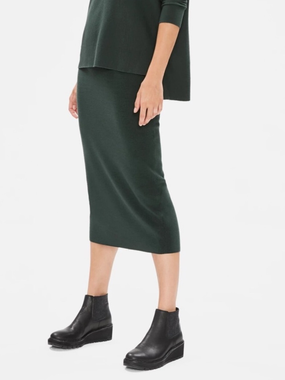 Eileen Fisher Dark Green Knit Wool Midi/Maxi Skirt